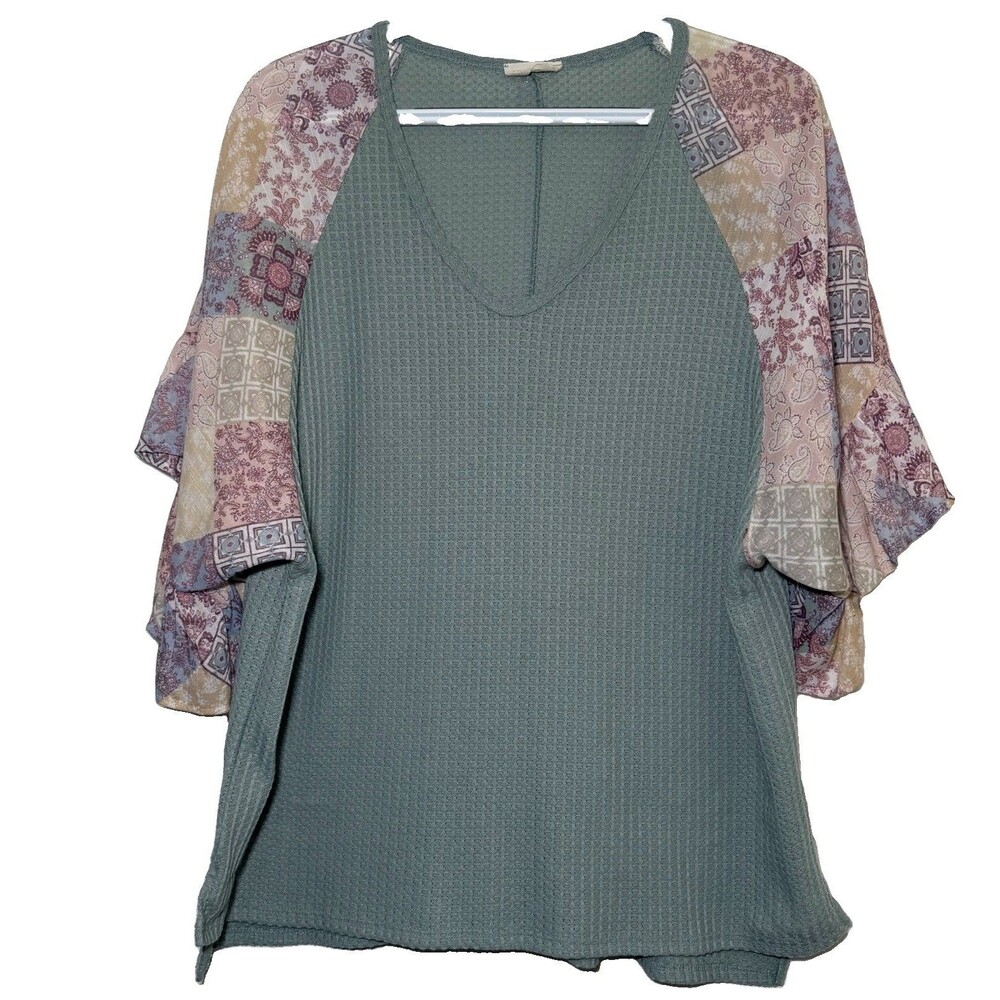 143 Story Waffle Knit Top Small Sage Green Patchwork Bell Sleeve Boho V Neck USA